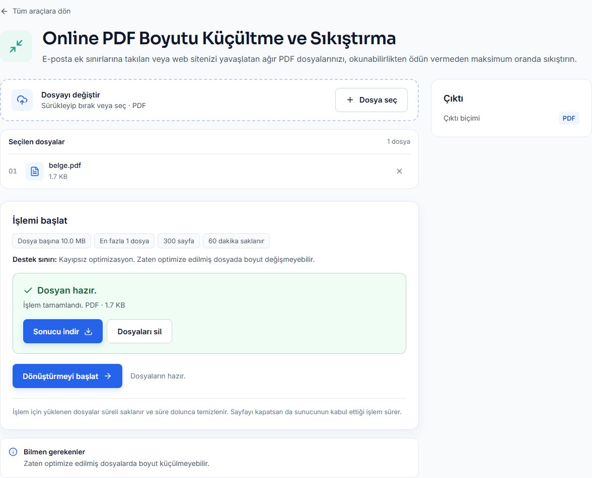 CV sıkıştırıldıktan sonra yeni dosya boyutunun gösterildiği ekran