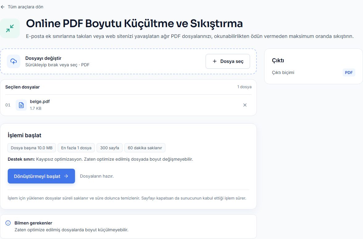 PDF sıkıştır aracında CV dosyasının seçildiği ekran