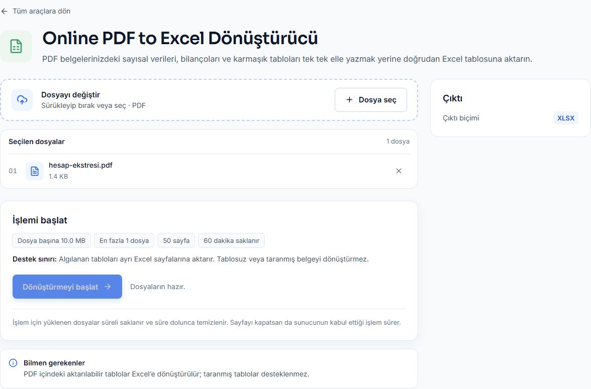 PDF → Excel aracında banka hesap ekstresinin seçildiği ekran