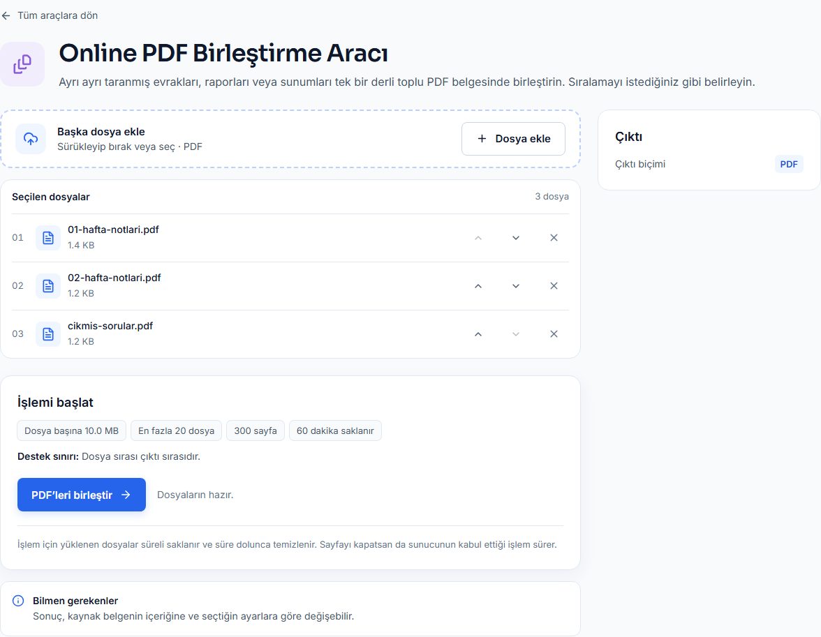 PDF birleştir aracında haftalık ders notları ve çıkmış sorular listelenmiş