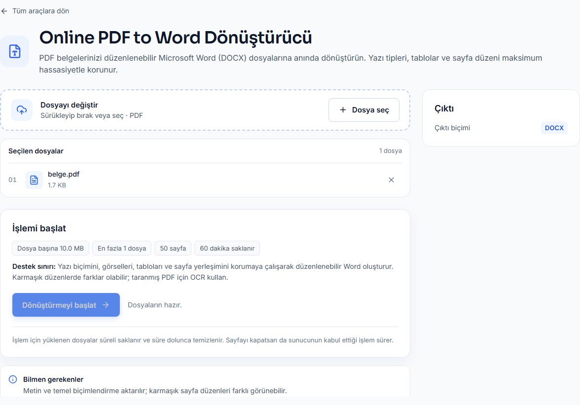 PDF → Word aracında ders notu PDF’inin seçildiği ekran